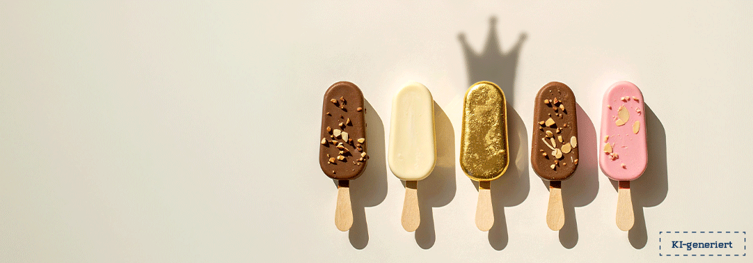 F&uuml;nf Eis am Stiel liegen nebeneinander auf hellem Hintergrund. Das Eis in der Mitte ist goldfarben und hebt sich von den anderen Eis in Braun, Wei&szlig; und Rosa ab. &Uuml;ber dem goldenen Eis ist der Schatten einer Krone zu sehen.
