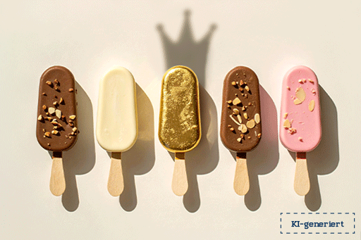 F&uuml;nf Eis am Stiel liegen nebeneinander auf hellem Hintergrund. Das Eis in der Mitte ist goldfarben und hebt sich von den anderen Eis in Braun, Wei&szlig; und Rosa ab. &Uuml;ber dem goldenen Eis ist der Schatten einer Krone zu sehen.
